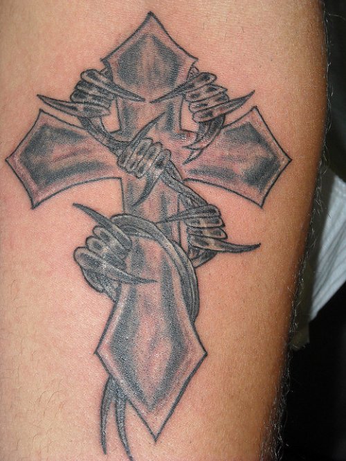 Cross With Barbed Wire Tattoo On Leg